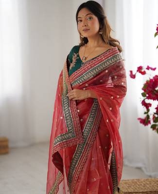 Red faux banarasi crush partywear saree  3