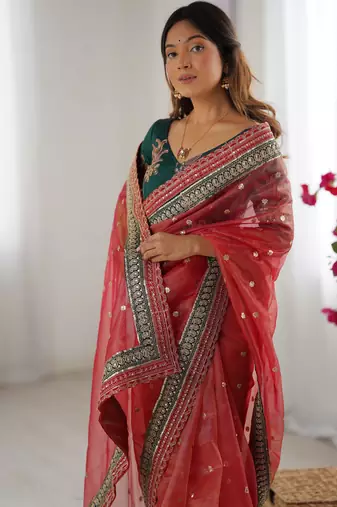 Red faux banarasi crush partywear saree 
