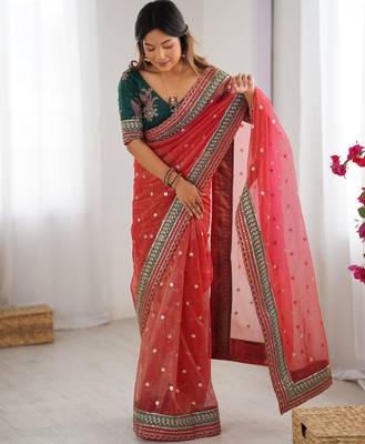 Red faux banarasi crush partywear saree  4