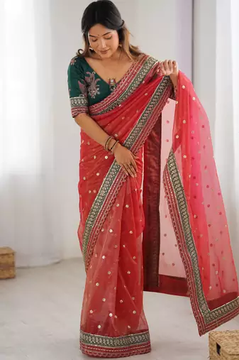 Red faux banarasi crush partywear saree 