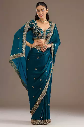 Teal blue color stylish tissue fabric designer embroidered fancy ethnic partywear saree