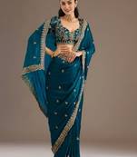 Teal blue stylish tissue fabric designer embroidered fancy ethnic partywear saree