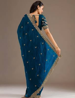 Teal blue stylish tissue embroidered fancy ethnic partywear saree 2