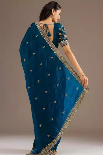 Teal blue stylish tissue embroidered fancy ethnic partywear saree