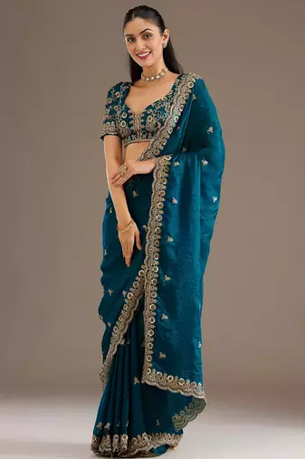 Teal blue stylish tissue embroidered fancy ethnic partywear saree