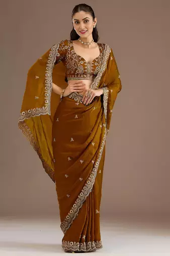 Gold color stylish tissue fabric designer embroidered fancy ethnic partywear saree