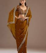 Gold stylish tissue fabric designer embroidered fancy ethnic partywear saree