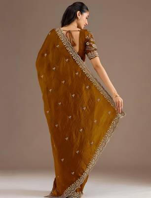 Gold stylish tissue embroidered fancy ethnic partywear saree 2