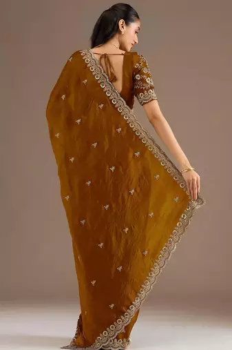 Gold stylish tissue embroidered fancy ethnic partywear saree