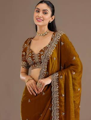 Gold stylish tissue embroidered fancy ethnic partywear saree 3