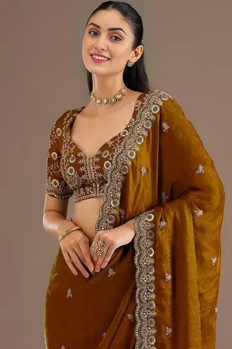 Gold stylish tissue embroidered fancy ethnic partywear saree
