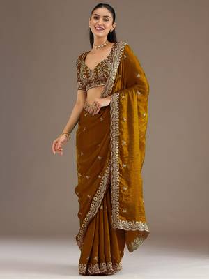Gold stylish tissue embroidered fancy ethnic partywear saree 4