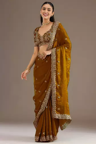 Gold stylish tissue embroidered fancy ethnic partywear saree