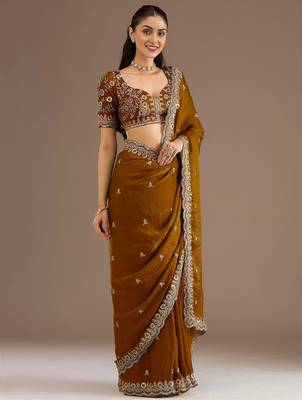 Gold stylish tissue embroidered fancy ethnic partywear saree 5