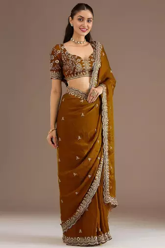 Gold stylish tissue embroidered fancy ethnic partywear saree