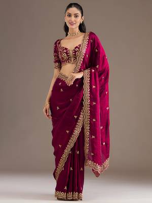 Maroon stylish tissue embroidered fancy ethnic partywear saree 1