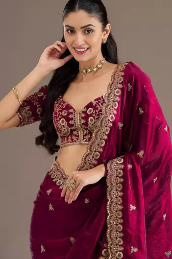 Maroon stylish tissue embroidered fancy ethnic partywear saree