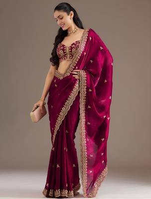 Maroon stylish tissue embroidered fancy ethnic partywear saree 4