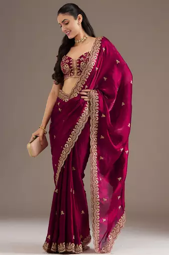Maroon stylish tissue embroidered fancy ethnic partywear saree