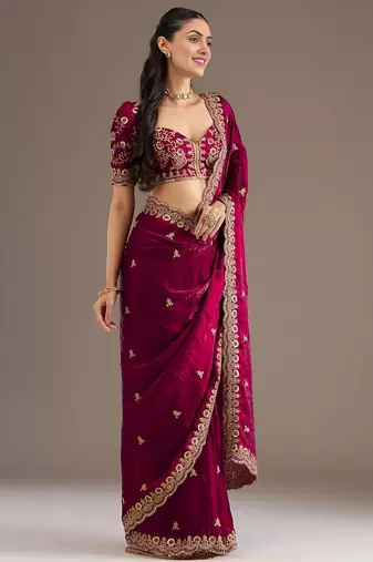 Maroon stylish tissue embroidered fancy ethnic partywear saree