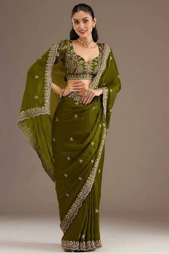 Olive color stylish tissue fabric designer embroidered fancy ethnic partywear saree