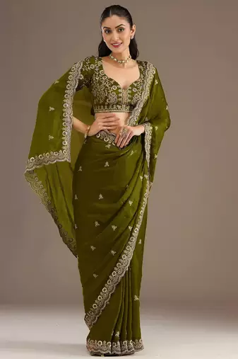 Olive color stylish tissue fabric designer embroidered fancy ethnic partywear saree