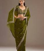 Olive stylish tissue fabric designer embroidered fancy ethnic partywear saree