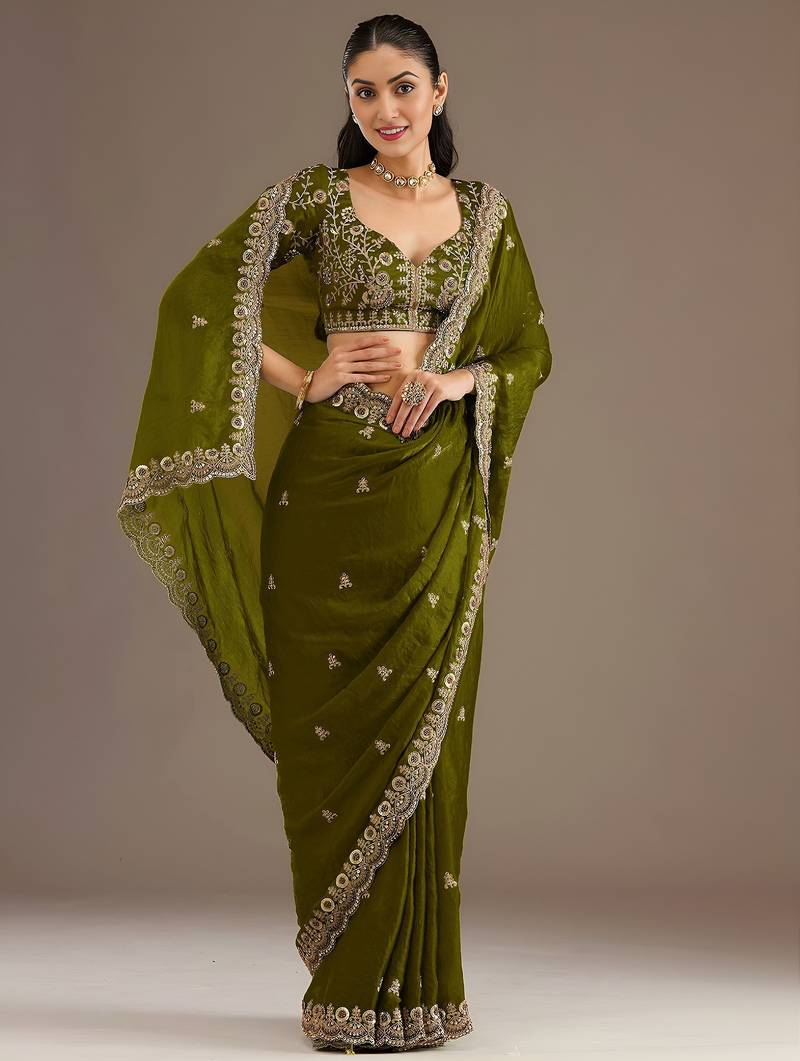 Olive color stylish tissue fabric designer embroidered fancy ethnic partywear saree