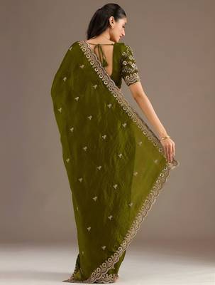 Olive stylish tissue embroidered fancy ethnic partywear saree 2