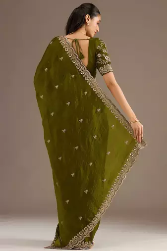 Olive stylish tissue embroidered fancy ethnic partywear saree