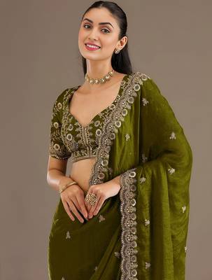 Olive stylish tissue embroidered fancy ethnic partywear saree 3