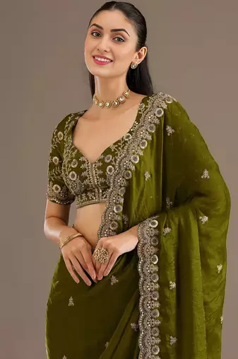 Olive stylish tissue embroidered fancy ethnic partywear saree