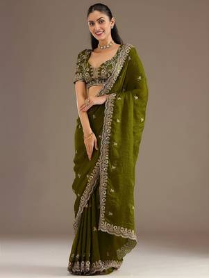 Olive stylish tissue embroidered fancy ethnic partywear saree 4