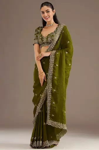 Olive stylish tissue embroidered fancy ethnic partywear saree