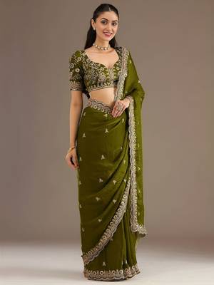 Olive stylish tissue embroidered fancy ethnic partywear saree 5