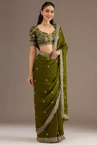 Olive stylish tissue embroidered fancy ethnic partywear saree