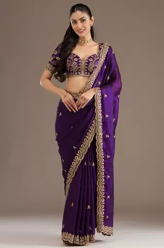 Purple color stylish tissue fabric designer embroidered fancy ethnic partywear saree