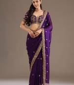 Purple stylish tissue fabric designer embroidered fancy ethnic partywear saree