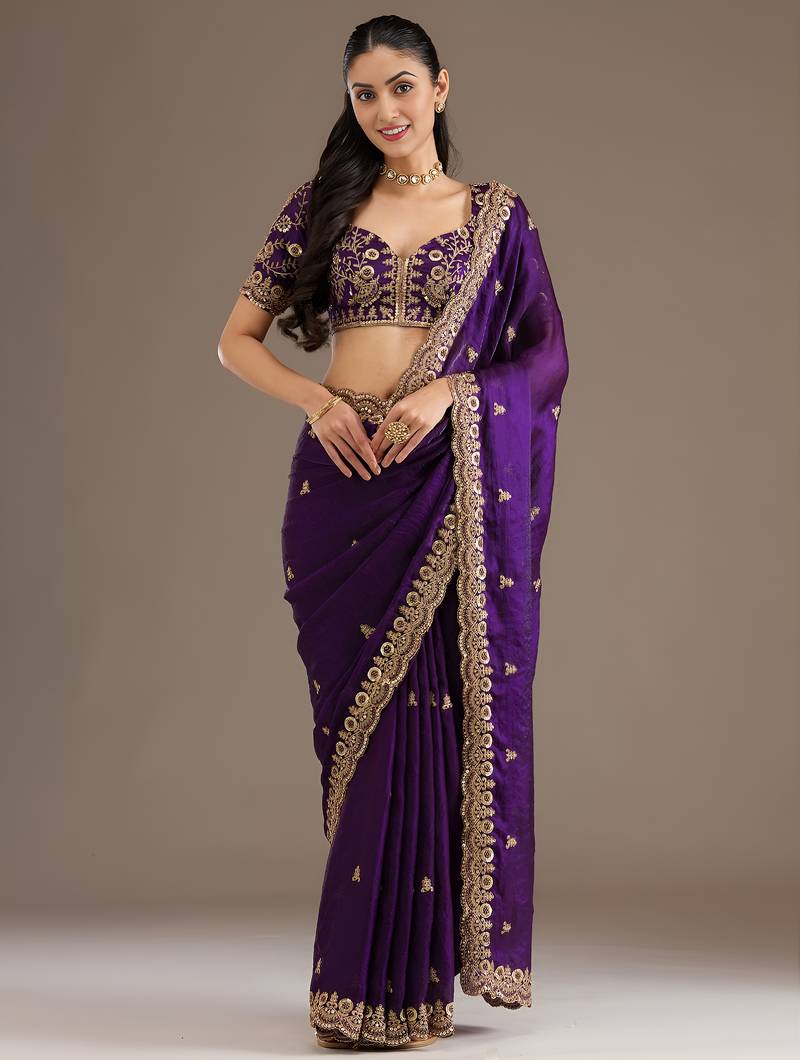 Purple color stylish tissue fabric designer embroidered fancy ethnic partywear saree