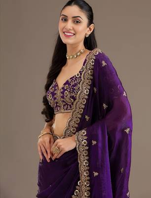 Purple stylish tissue embroidered fancy ethnic partywear saree 3
