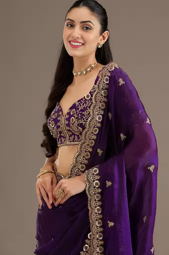 Purple stylish tissue embroidered fancy ethnic partywear saree