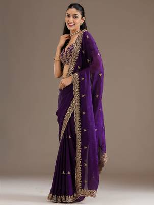 Purple stylish tissue embroidered fancy ethnic partywear saree 4