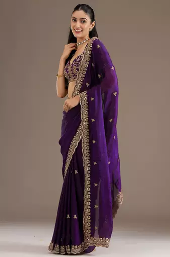 Purple stylish tissue embroidered fancy ethnic partywear saree