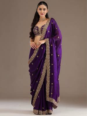 Purple stylish tissue embroidered fancy ethnic partywear saree 5