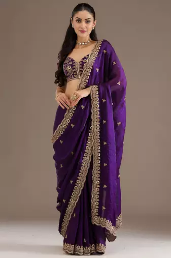 Purple stylish tissue embroidered fancy ethnic partywear saree