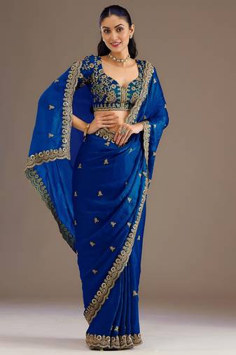 Royal blue color stylish tissue fabric designer embroidered fancy ethnic partywear saree