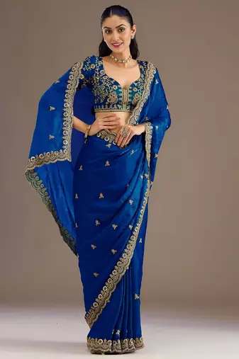 Royal blue color stylish tissue fabric designer embroidered fancy ethnic partywear saree