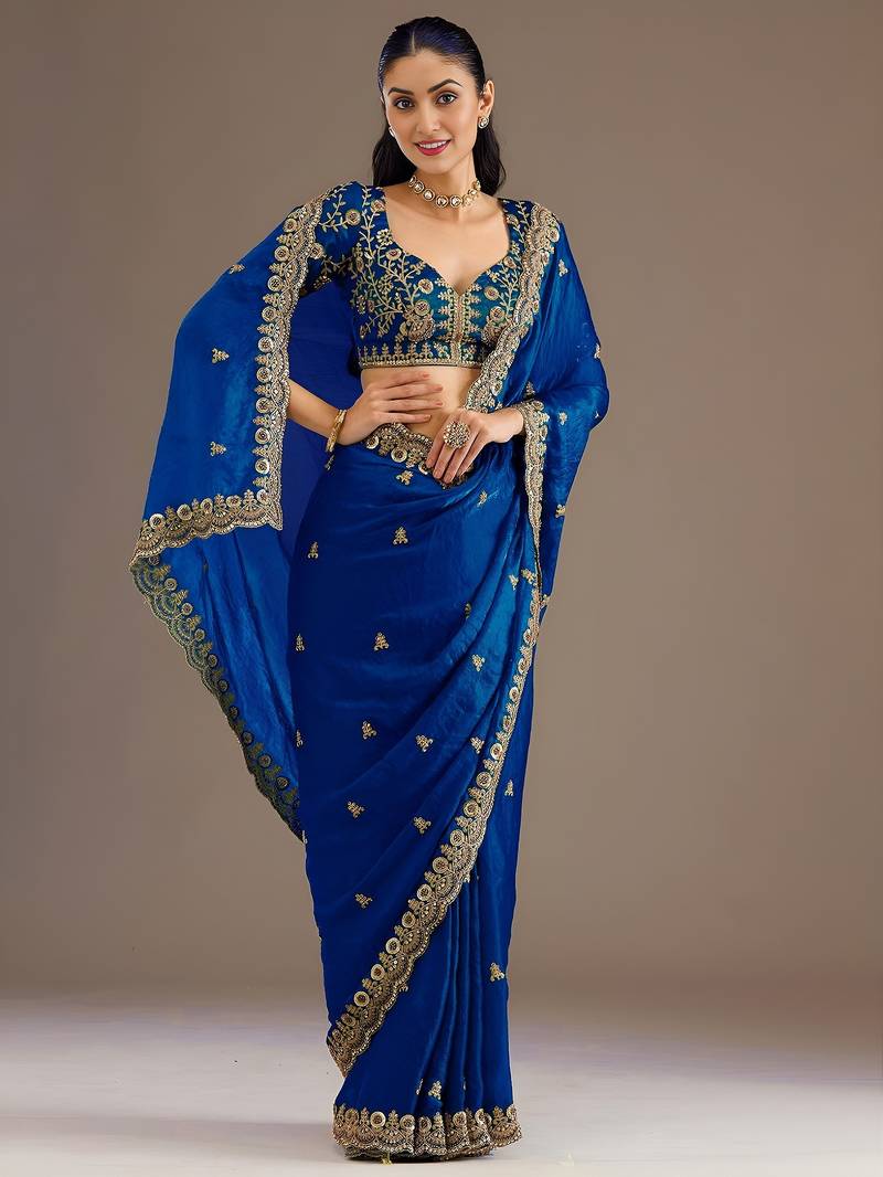 Royal blue color stylish tissue fabric designer embroidered fancy ethnic partywear saree