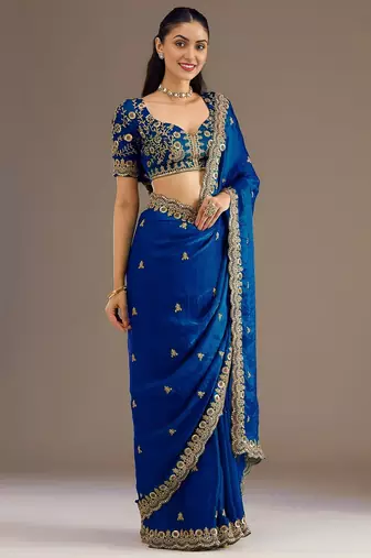 Royal blue stylish tissue embroidered fancy ethnic partywear saree