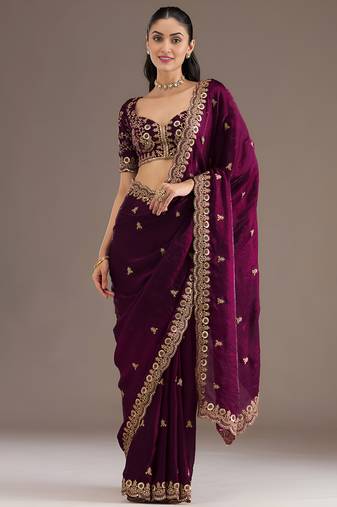 Wine color stylish tissue fabric designer embroidered fancy ethnic partywear saree